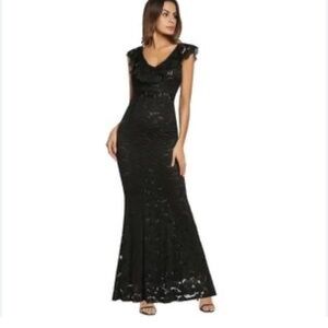 RUIYIGE Black Lace Ruffled V-Neck Sleeveless Evening Mermaid Prom Dress S NWOT